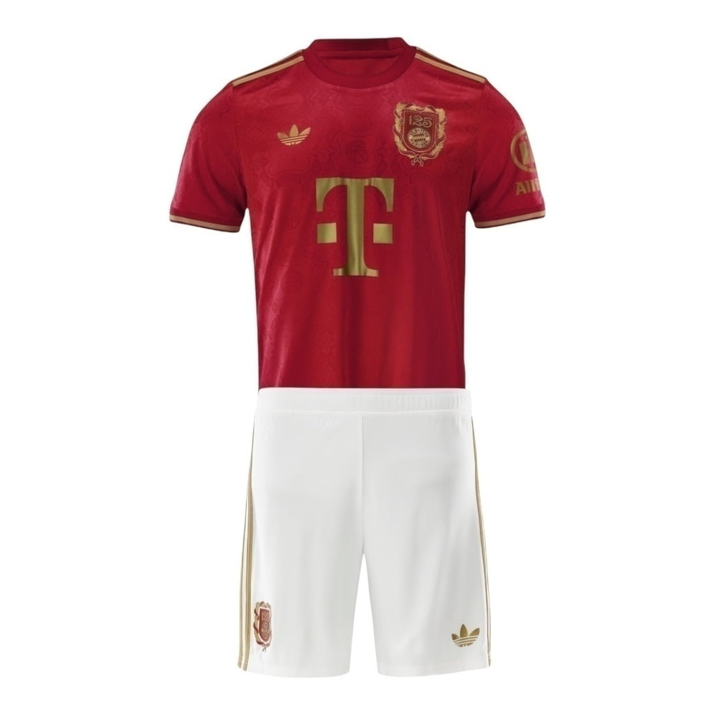 Kit Infantil Inspirado Bayern de Munique Edição especial Aniversário 125 anos 25/26 - Vinho com detalhes em dourado Central das Camisas