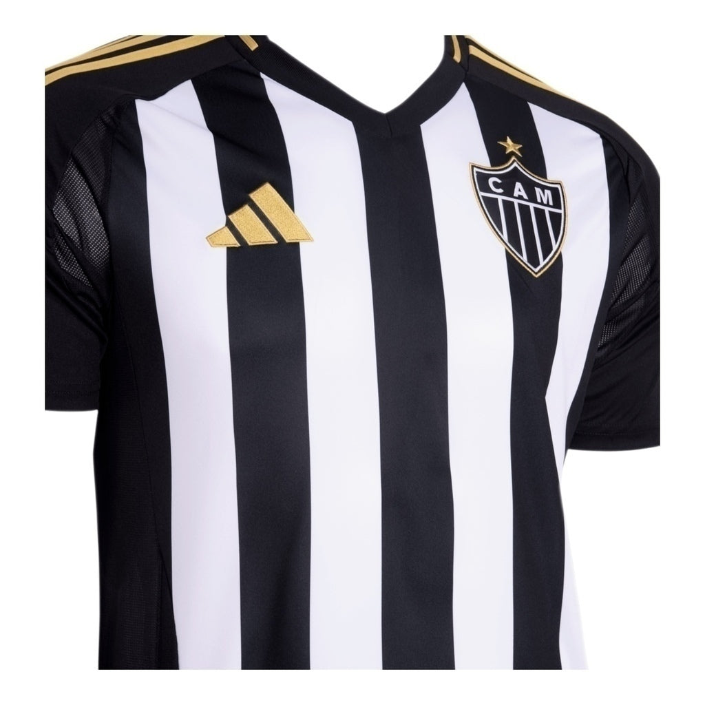 Camisa Atlético Mineiro I 25/26 - Torcedor Masculina - Preta com listras brancas com detalhes em amarelo e Com Patrocínio - Central das Camisas