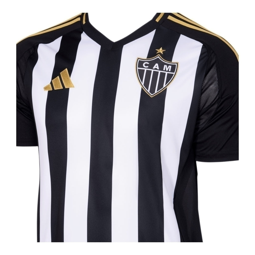 Camisa Atlético Mineiro I 25/26 - Torcedor Masculina - Preta com listras brancas com detalhes em amarelo e Com Patrocínio - Central das Camisas