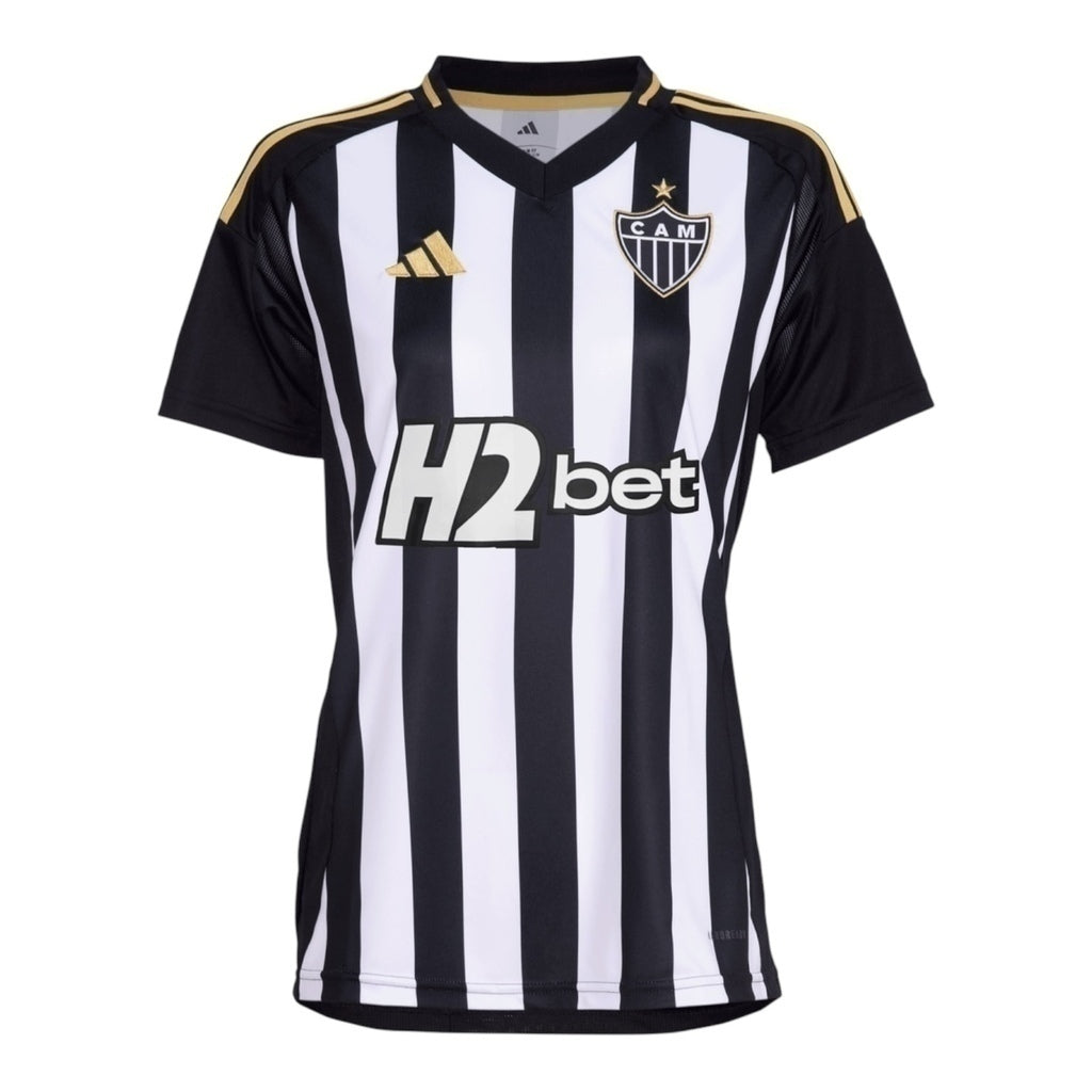 Camisa Atlético Mineiro I 25/26 - Feminina - Preta com listras branca com detalhes em amarelo e Com Patrocínio - Central das Camisas