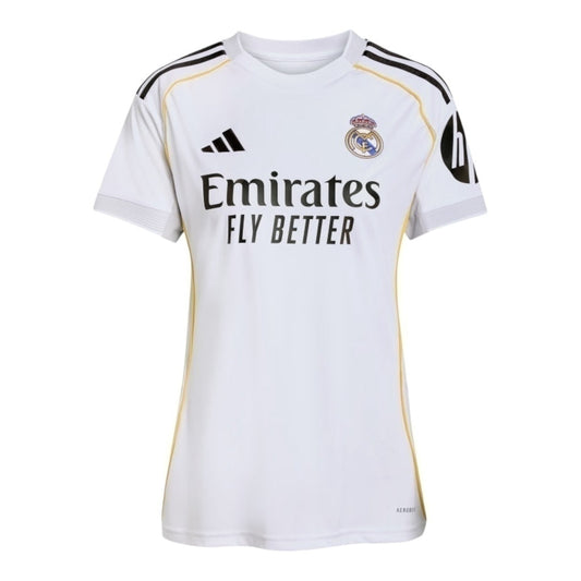 Camisa Real Madrid I 25/26 - Feminina - Branca com detalhes em cinza e amarelo - Central das Camisas