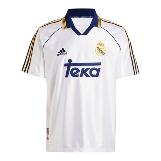Camisa Inspirada Real Madrid I 1999/00 - Masculina - Branca com detalhes em azul e amarelo  Central das Camisas 