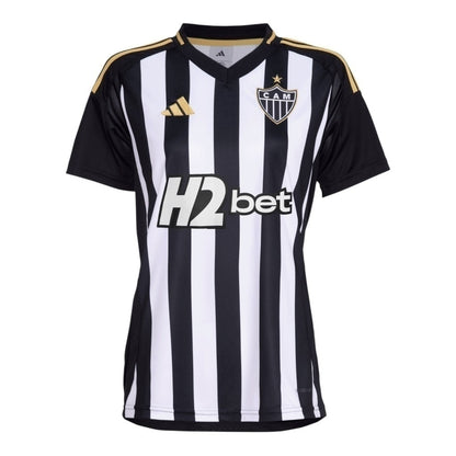Camisa Atlético Mineiro I 25/26 - Feminina - Preta com listras branca com detalhes em amarelo e Com Patrocínio - Central das Camisas