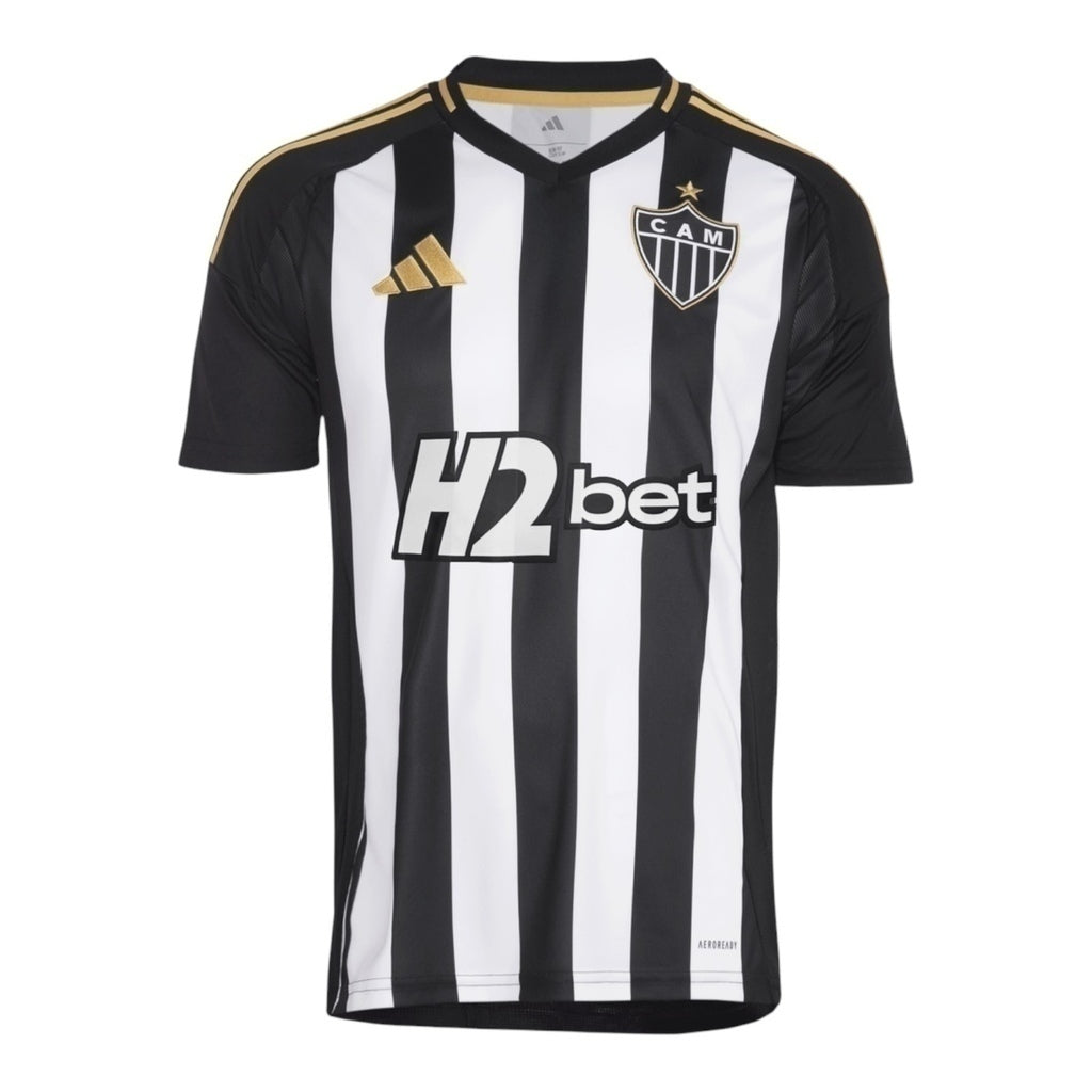 Camisa Atlético Mineiro I 25/26 - Torcedor Masculina - Preta com listras brancas com detalhes em amarelo e Com Patrocínio - Central das Camisas